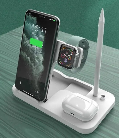 Black wireless charger pad with phone, watch, and headset placements