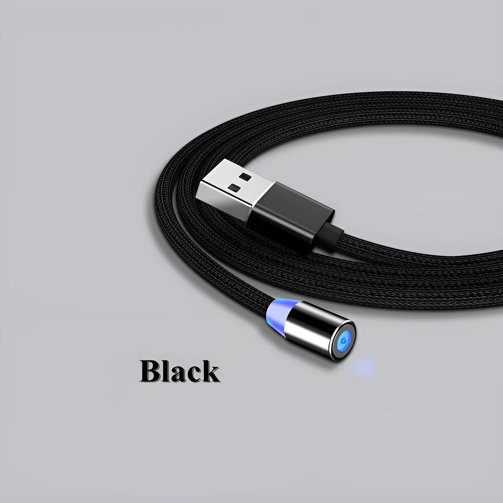 Black magnetic USB charging cable with glowing LED light indicator on a white background.