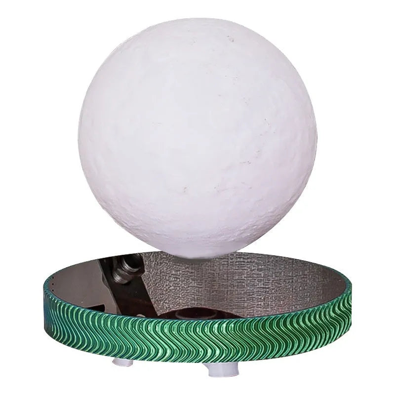 Magnetic levitation moon lamp floating above base with 3D-printed ornament and modern design