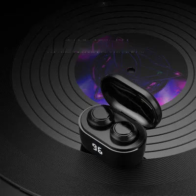 Black stereo Bluetooth earbuds with wireless charging case