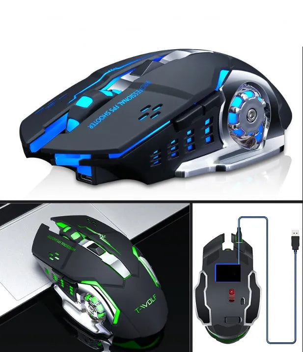 Black and white wireless computer mouse with USB-C charging port and six buttons