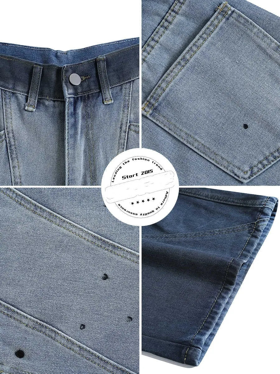 Tie-dye gradient blue cropped jeans with washed-out finish and loose fit design