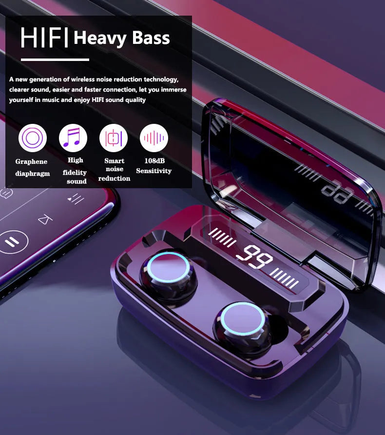 Black M11 style Bluetooth wireless headset with digital display and mobile phone holder.