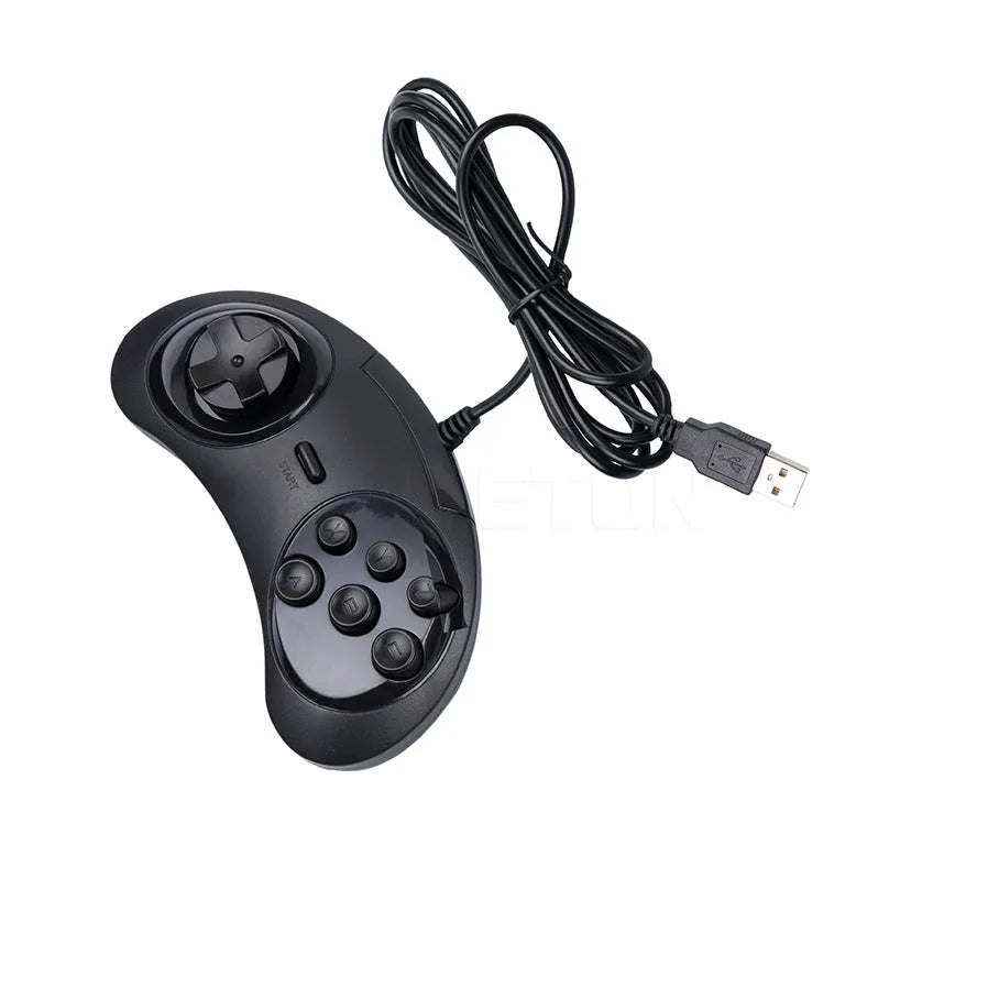 Black Sega USB wired PC game controller with long cable on a grey background.