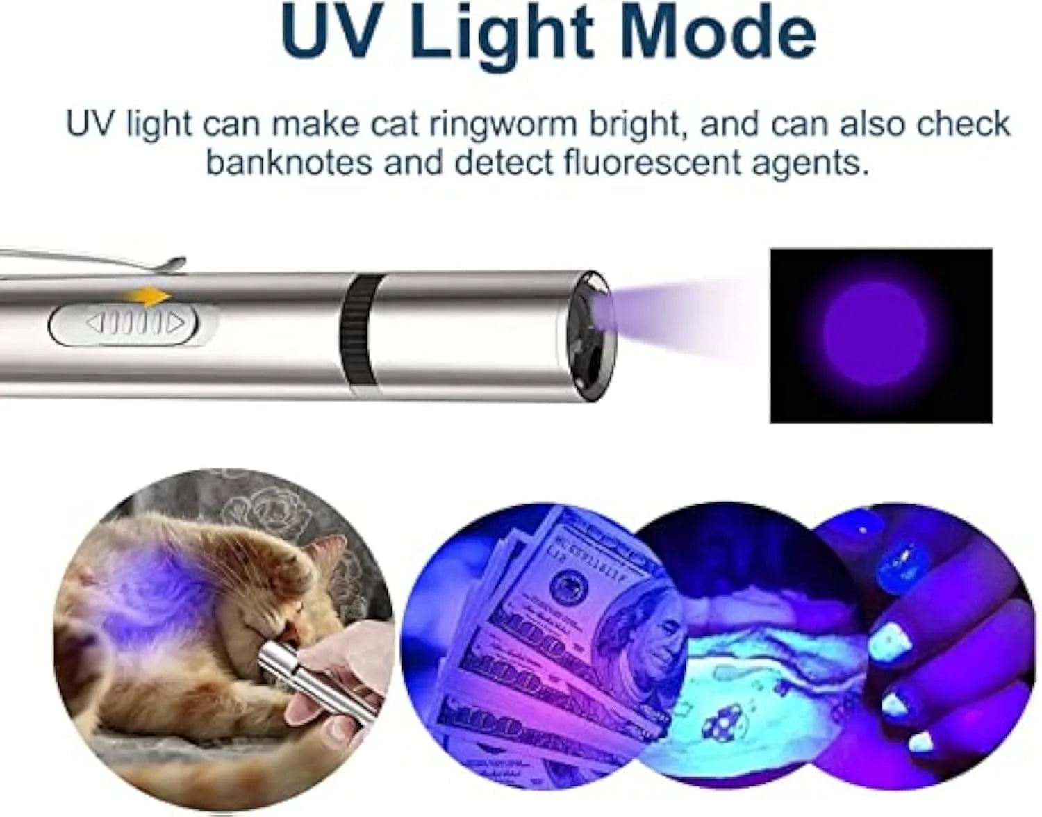 Silver aluminium cat toy pointer showing red dot pattern with USB charging port and metal clip