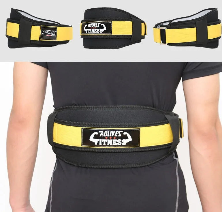 Nylon fitness weightlifting waistband in black, red, or yellow colours available in L, M, and XL sizes