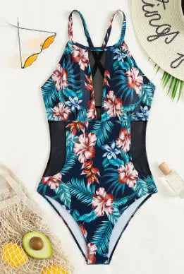 Women's deep V-neck one-piece swimsuit in a solid or gradient colour on a mannequin.
