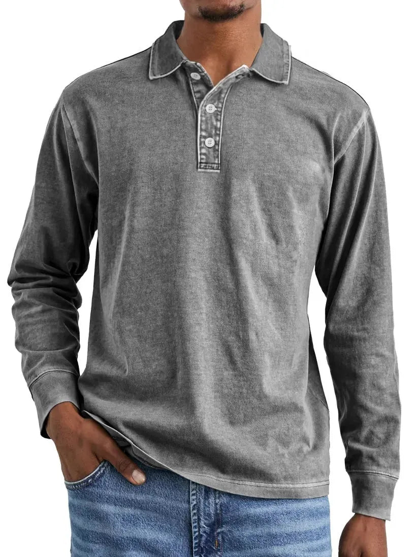 Retro washed distressed cotton lapel polo shirt in long sleeve design on mannequin