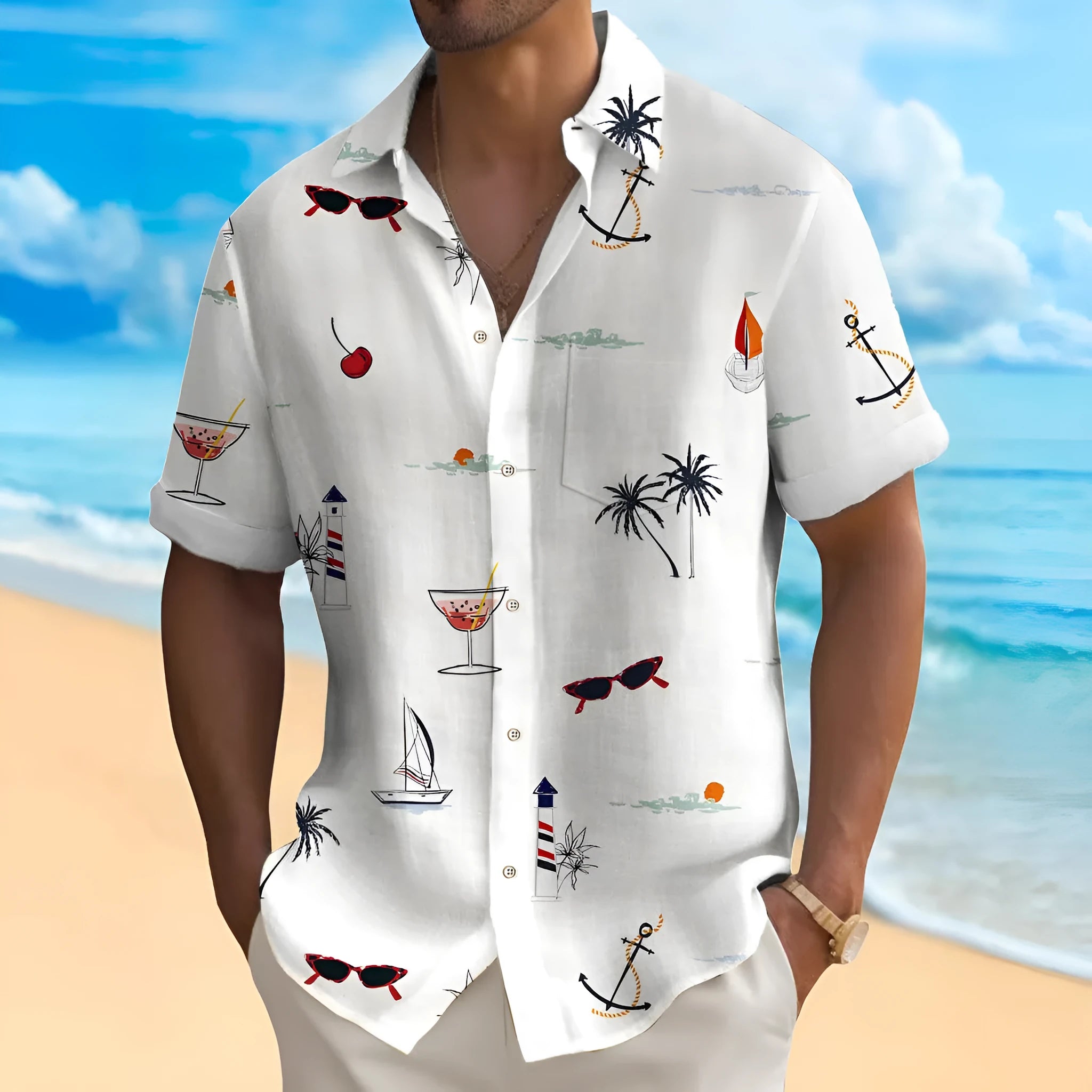 Men's loose fit short sleeve Hawaiian shirt with a colourful digital print pattern on polyester fabric.