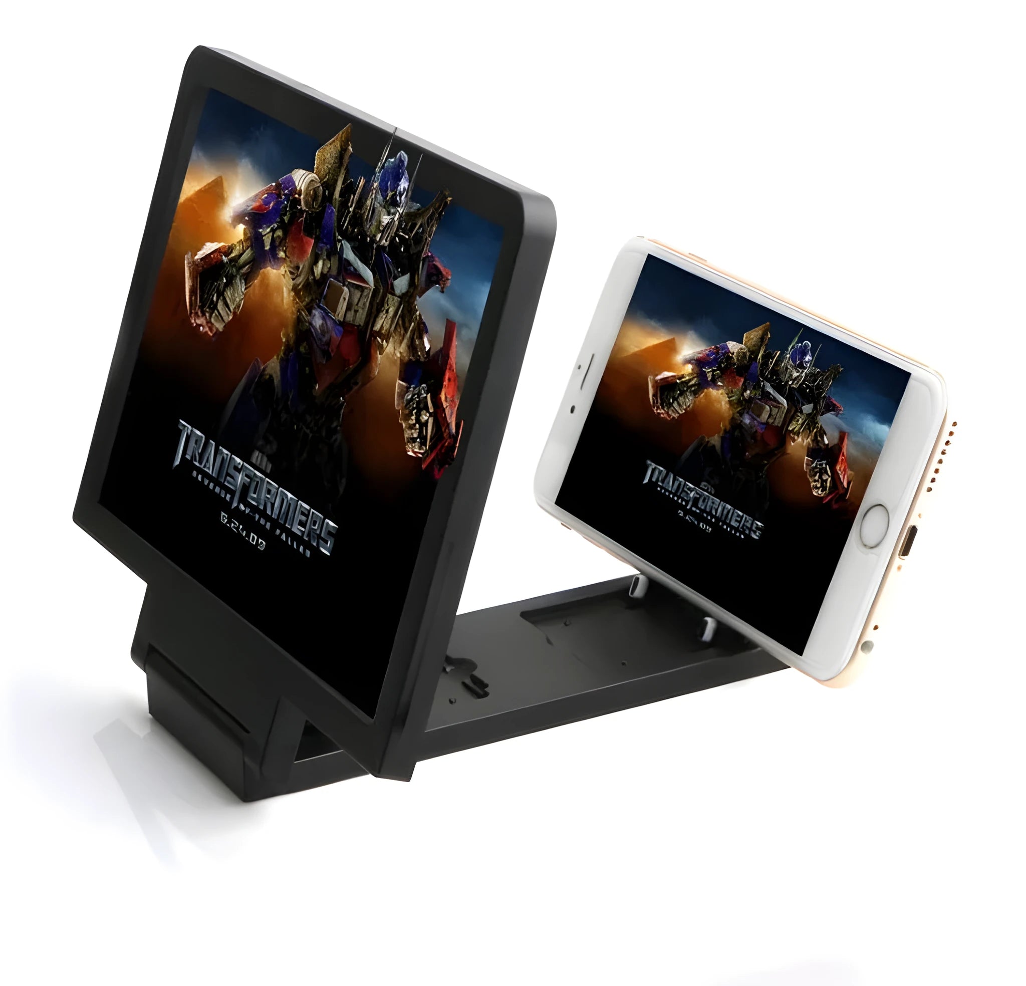 Black and white mobile phone stand with 3D screen amplifier accessory for hands-free viewing