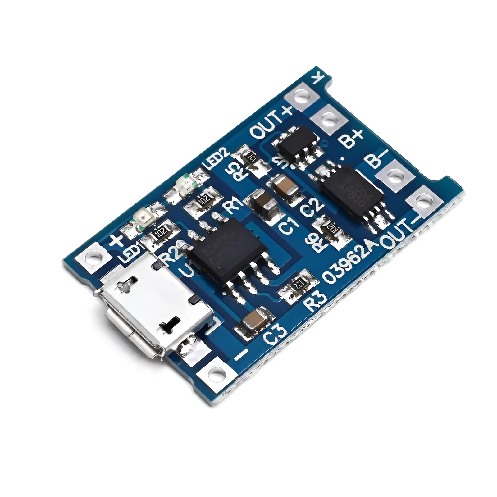 Small blue PCB lithium battery charging and protection board for 18650 cells