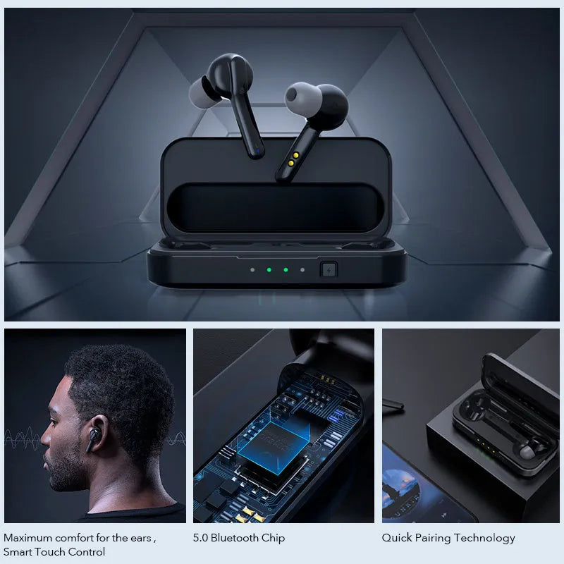 Black and white true wireless Bluetooth earbuds with IPX5 waterproof rating shown side by side.