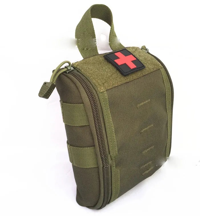 Tactical medical first aid kit for outdoor camping and climbing, shown open with contents including gauze, bandages, and medicines.