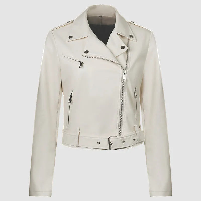 Women's black PU leather jacket with lapel short belt in street fashion style