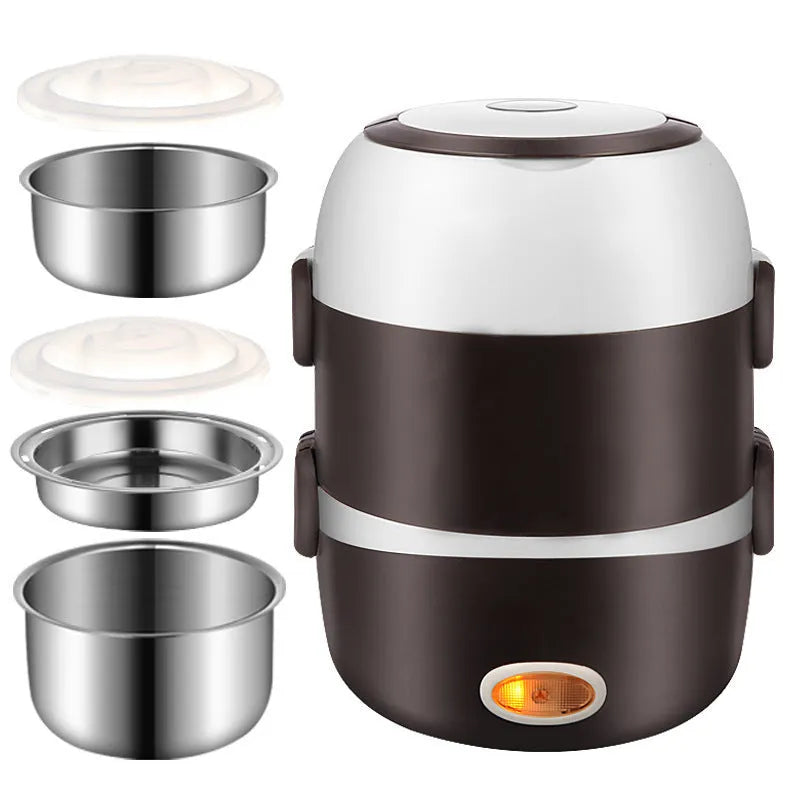 USB-powered portable electric lunch box showing three-layer 2L container with 190mm cubic dimensions