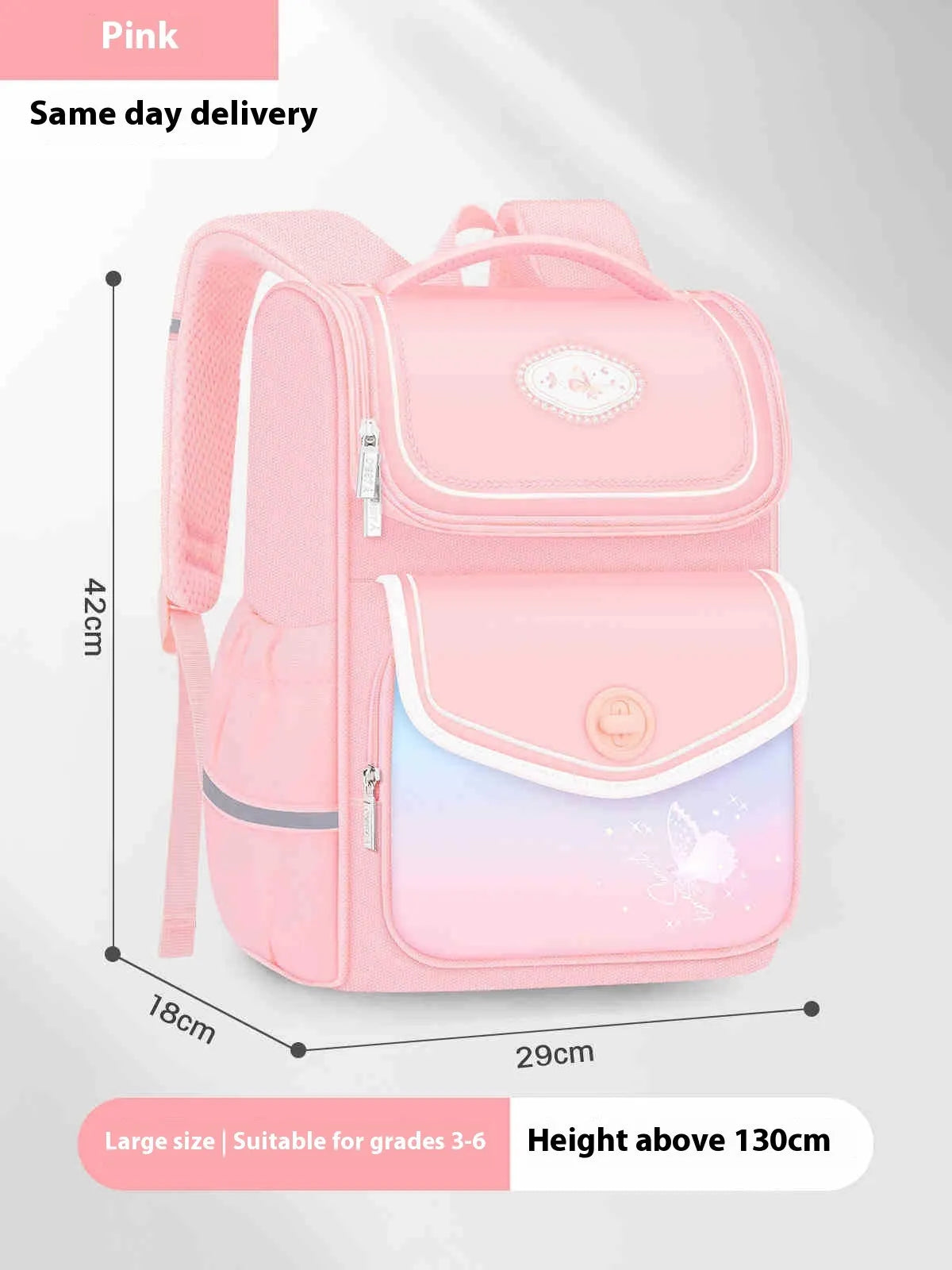 Pink waterproof Oxford cloth school backpack for girls, designed for primary school years 1 to 6.