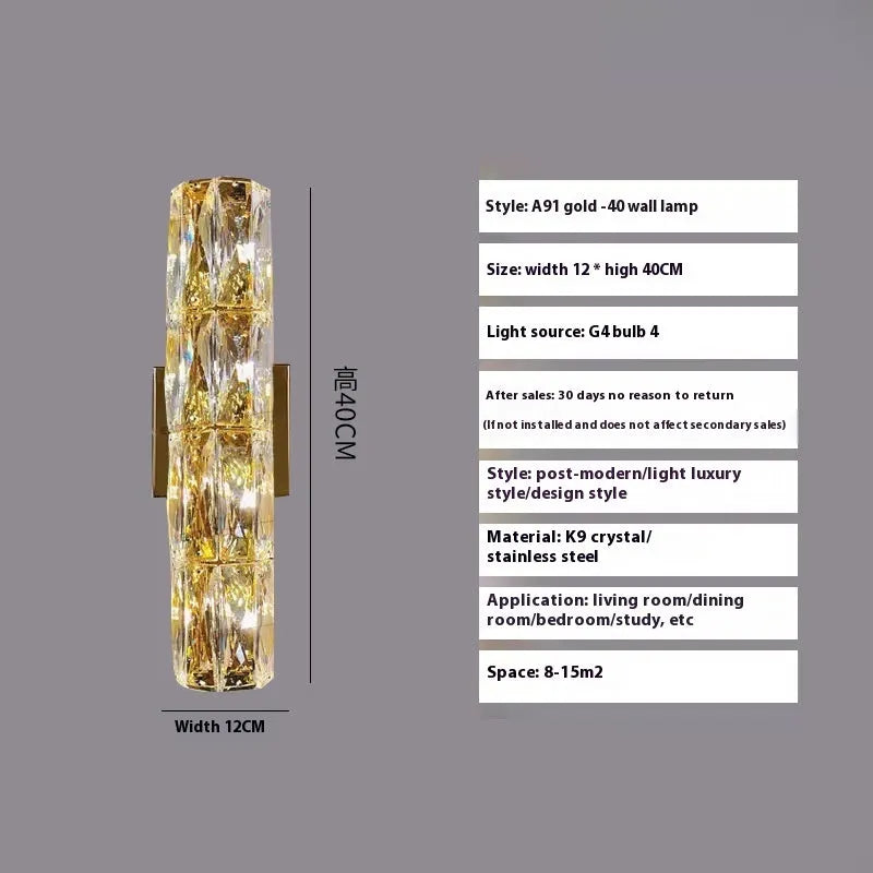 Crystal wall lamp with metallic finish and LED tri-colour lighting in multiple size options