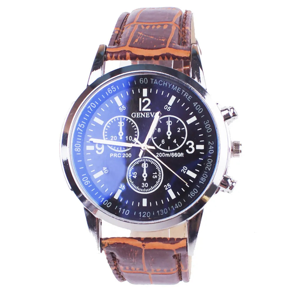 Men's quartz wrist watch with alloy case, glass mirror, 4.2cm dial, shown in black brown colour option