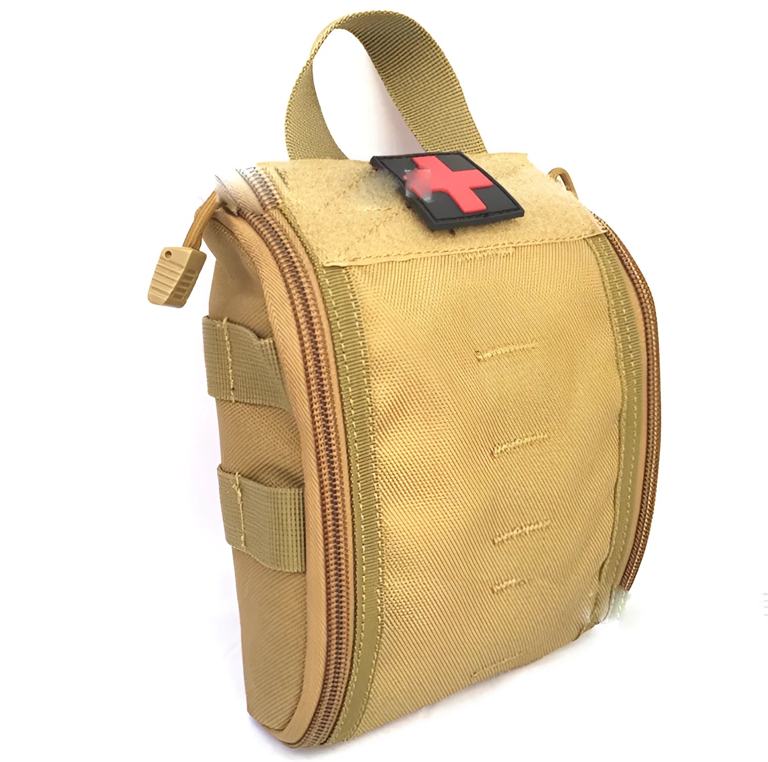 Tactical medical first aid kit for outdoor camping and climbing, shown open with contents including gauze, bandages, and medicines.