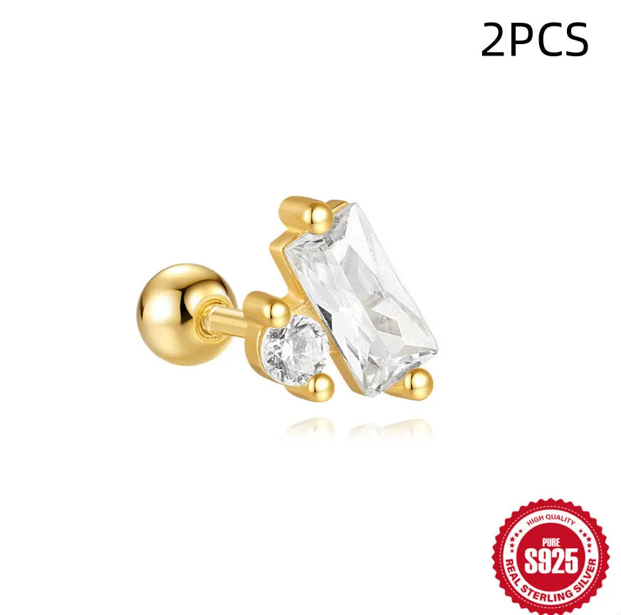 S925 sterling silver stud earrings with red square gravel stones and flower design in gold finish