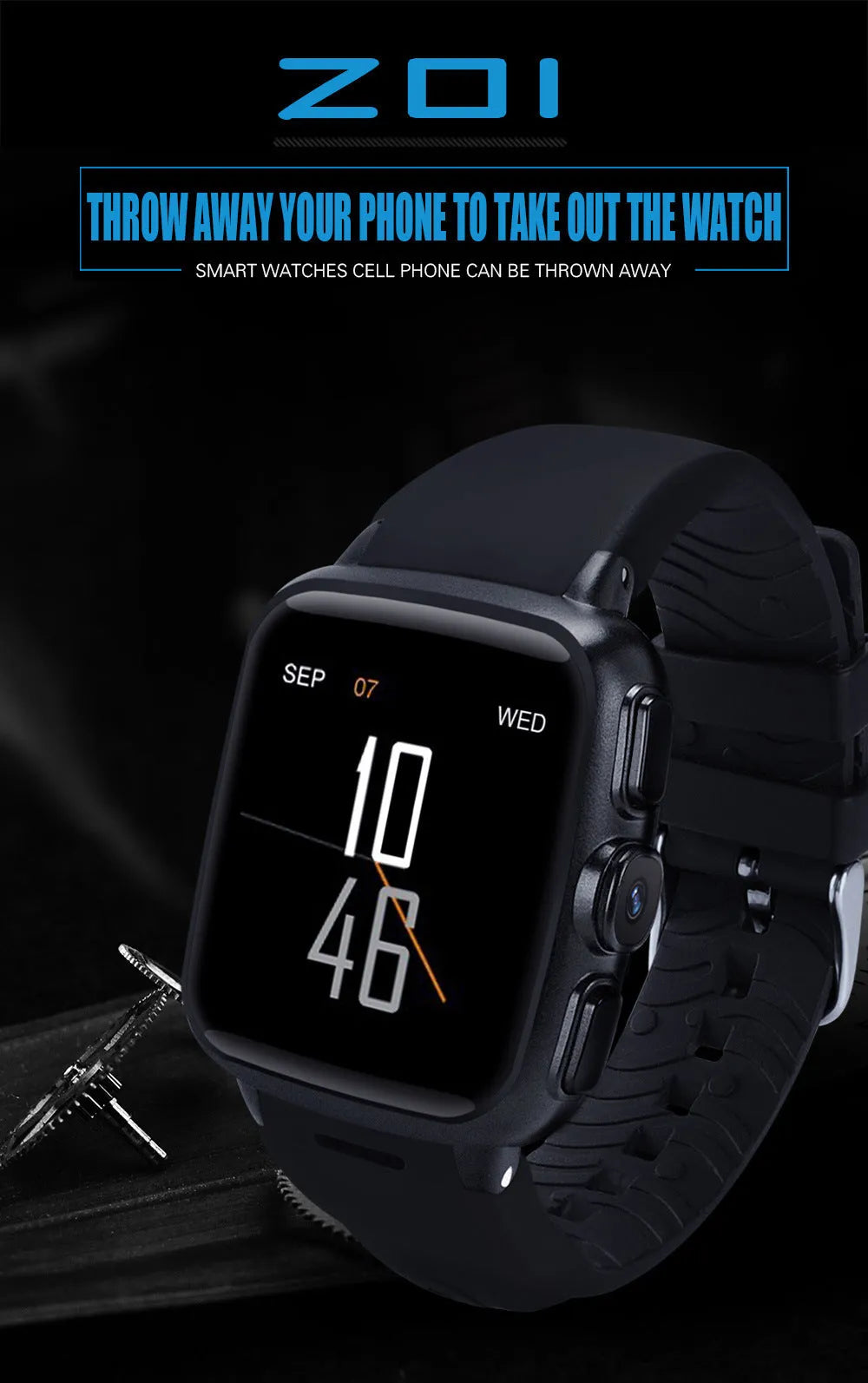 Z01 smart watch in black or white with a 1.54-inch touchscreen and camera.
