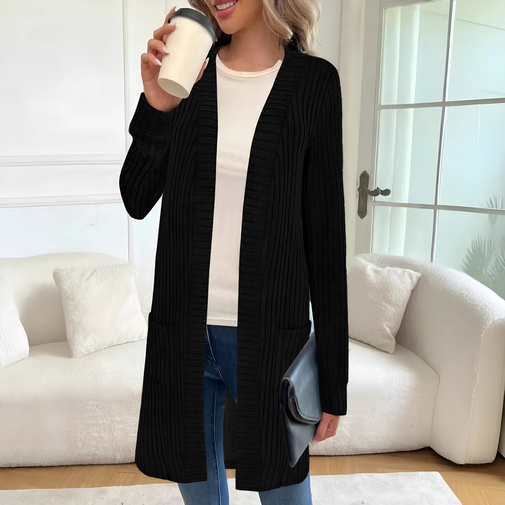 Long sleeve loose fit knitted cardigan jacket in black, wine red, or grey with pockets