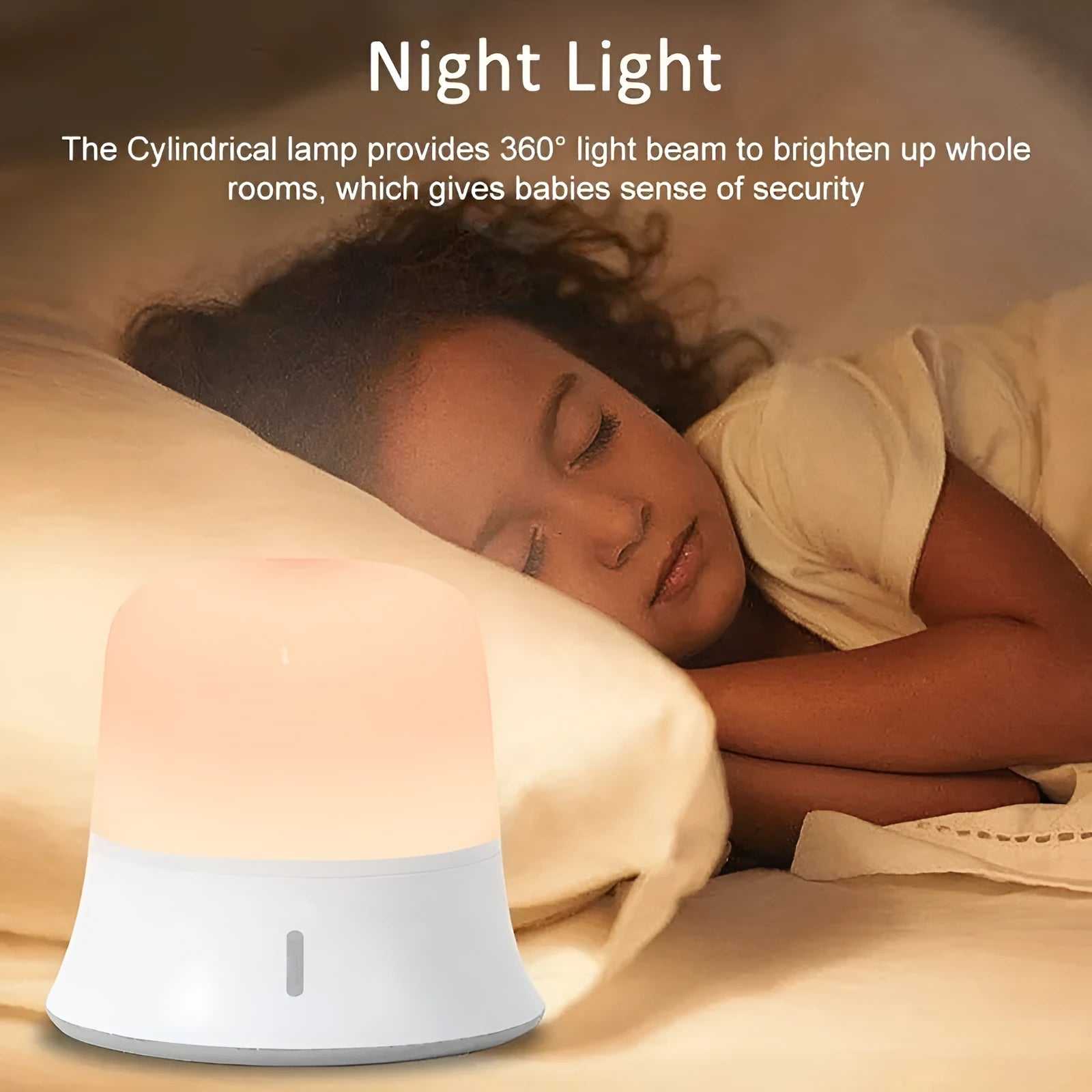 White rechargeable touch control night light with dimmer and motion sensor on a bedside table.