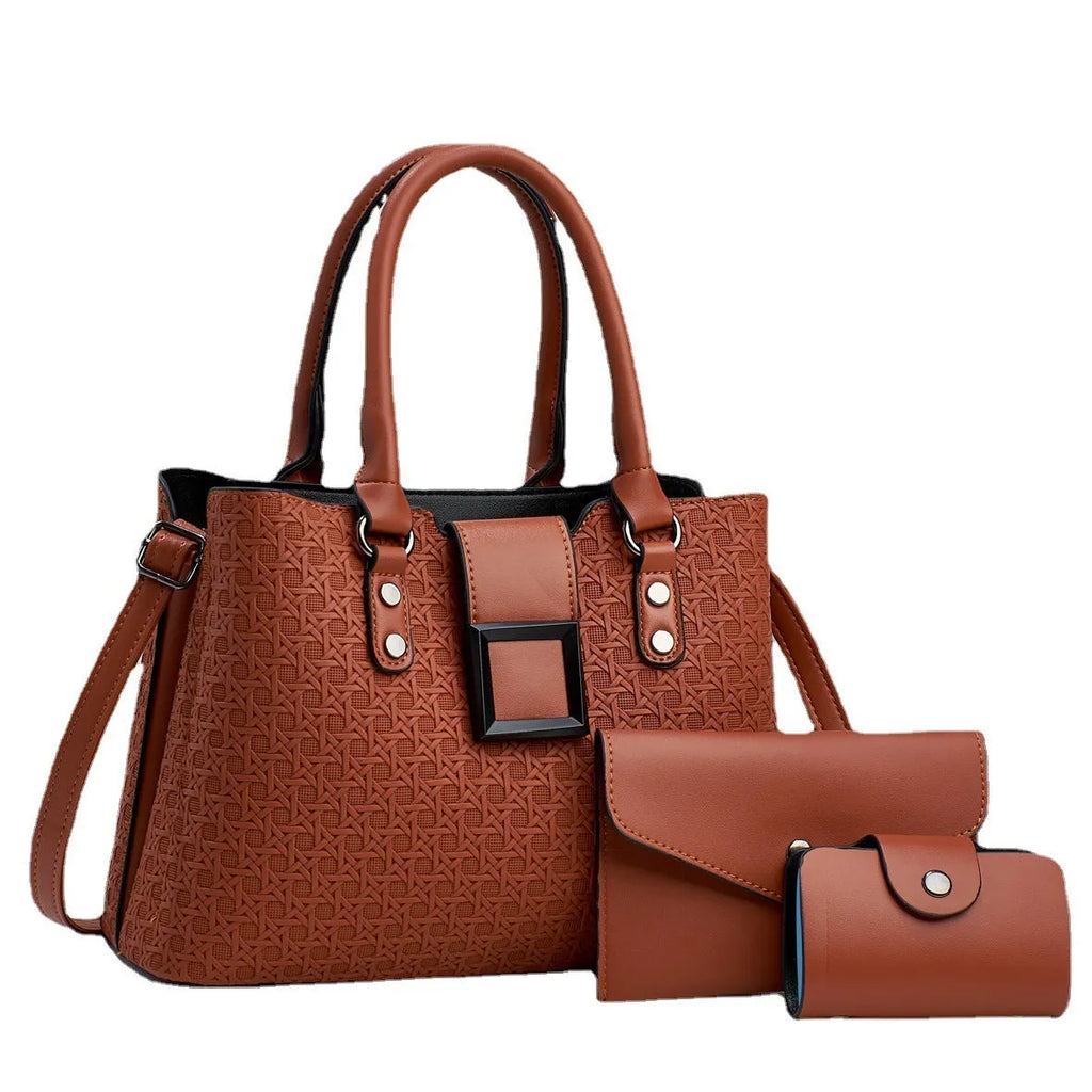 Women's textured three-piece crossbody bag set in PU leather with woven detailing and multiple compartments