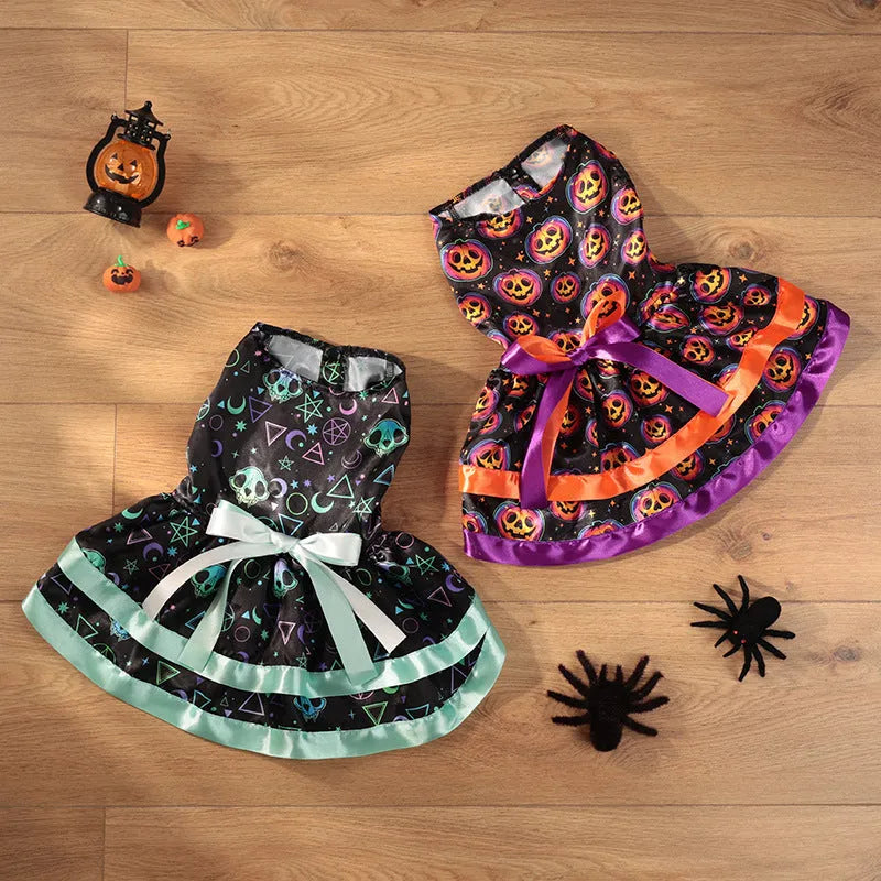 Halloween dog skirt with colourful pumpkin and skull designs in double-layer polyester fabric