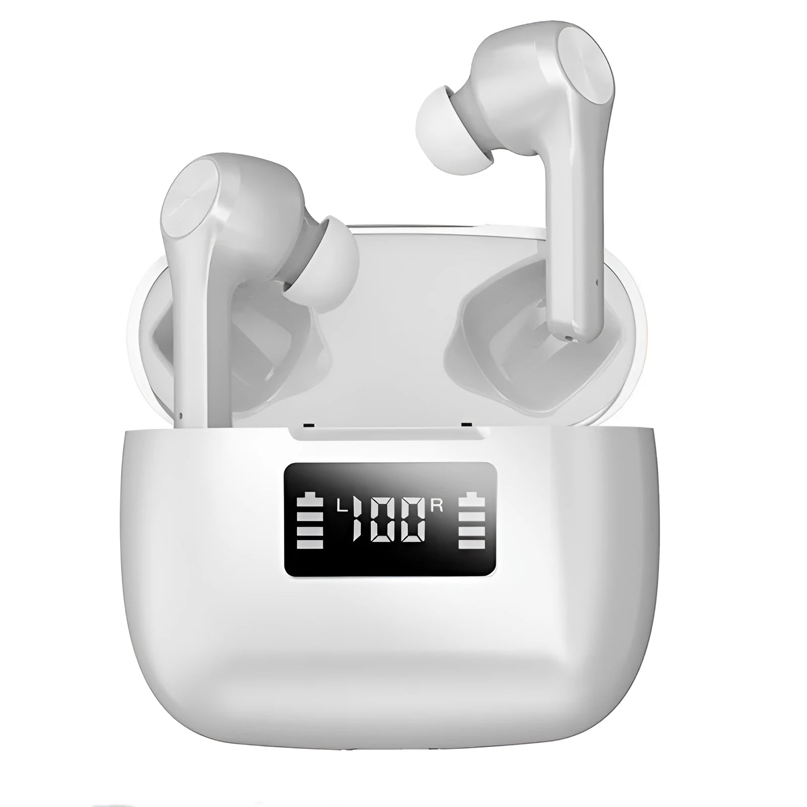 Cool black wireless noise cancelling in-ear headphones with charging case on a white background.