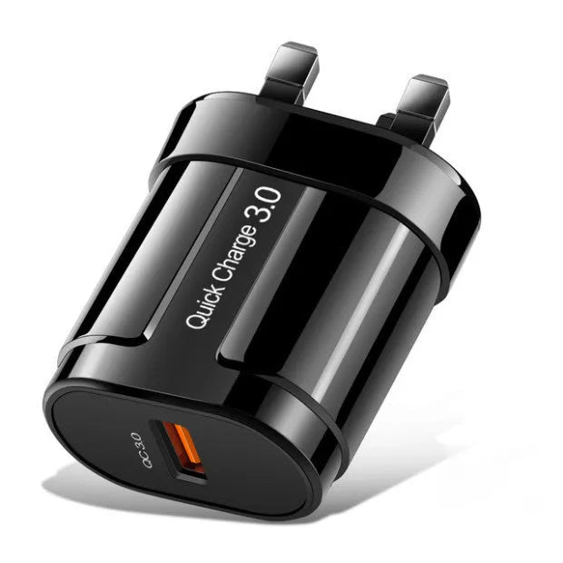 White and black USB phone charger adaptor plugs showing UK EU and US styles with compact 20x40x65mm dimensions