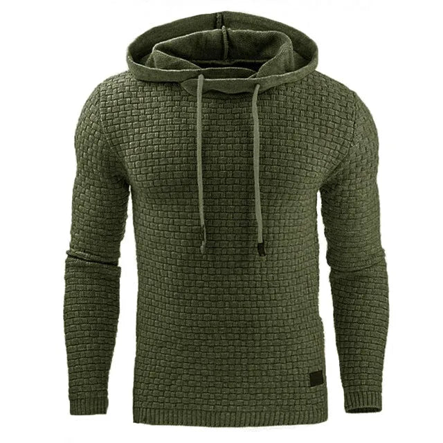 Men's black hoodie sweater made from cotton and polyester blend fabric.
