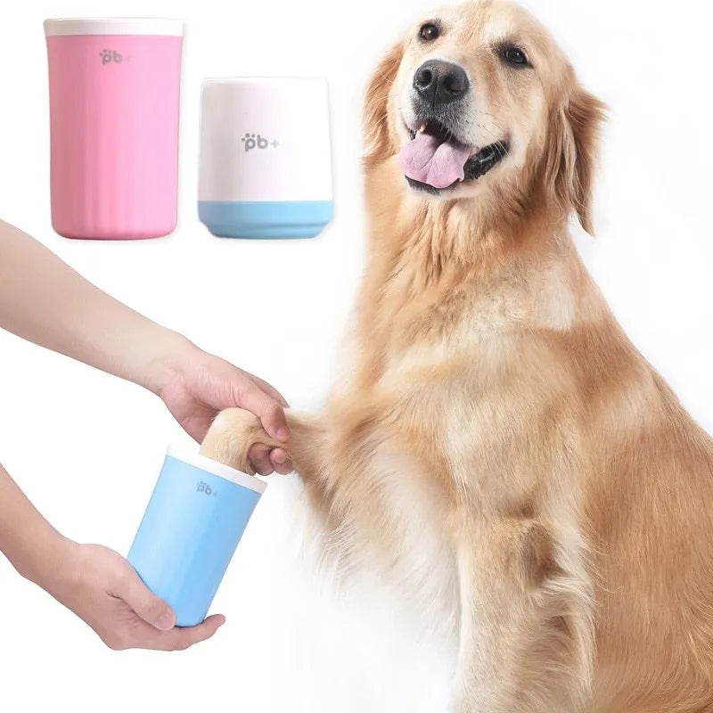Cherry Pink foot cleansing cup pet footbath with soft silicone bristles and ABS construction by a door