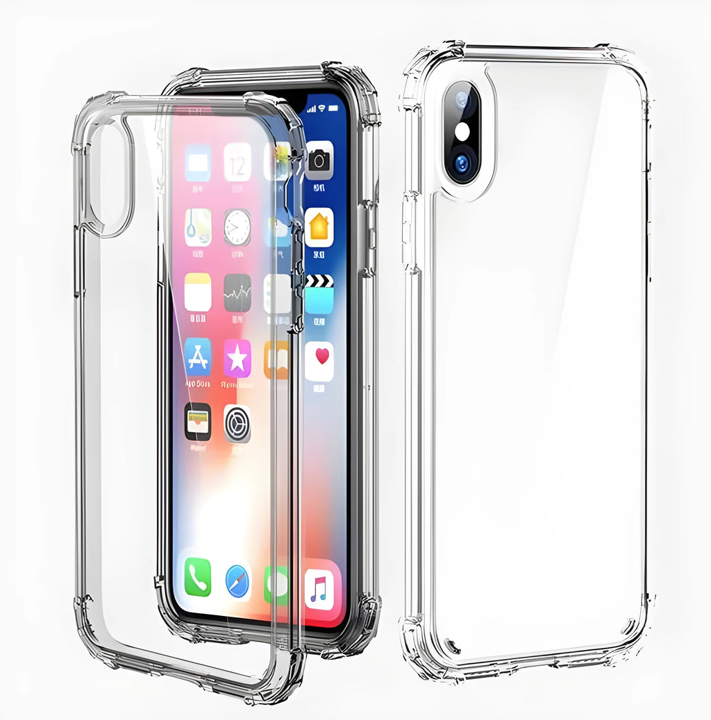 Transparent shockproof TPU iPhone case showing compatibility with multiple iPhone models