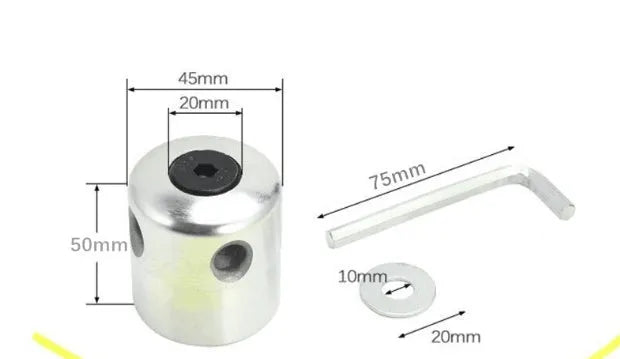 Silver aluminium lawn mower grass head accessory with four light yellow square grass ropes