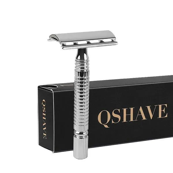 Double edged safety razor with blade and storage box on white background