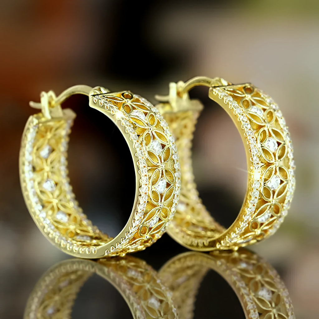 Yellow gold coloured geometric copper ear clips with horse eye, flower and butterfly design for women