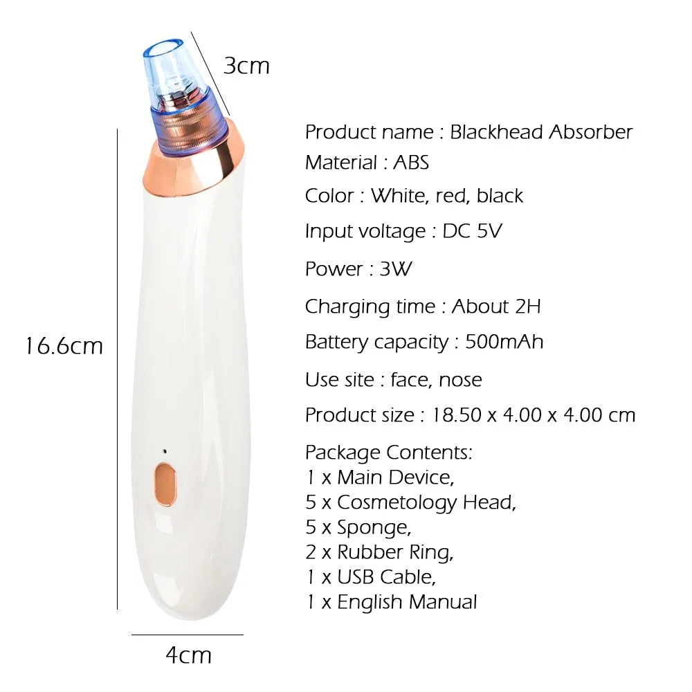 Electric blackhead remover vacuum pore cleaner with black nozzle, compact 18 cm handheld device