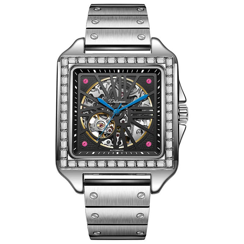 Men's square automatic watch with diamond accents and steel belt in black and white colour options