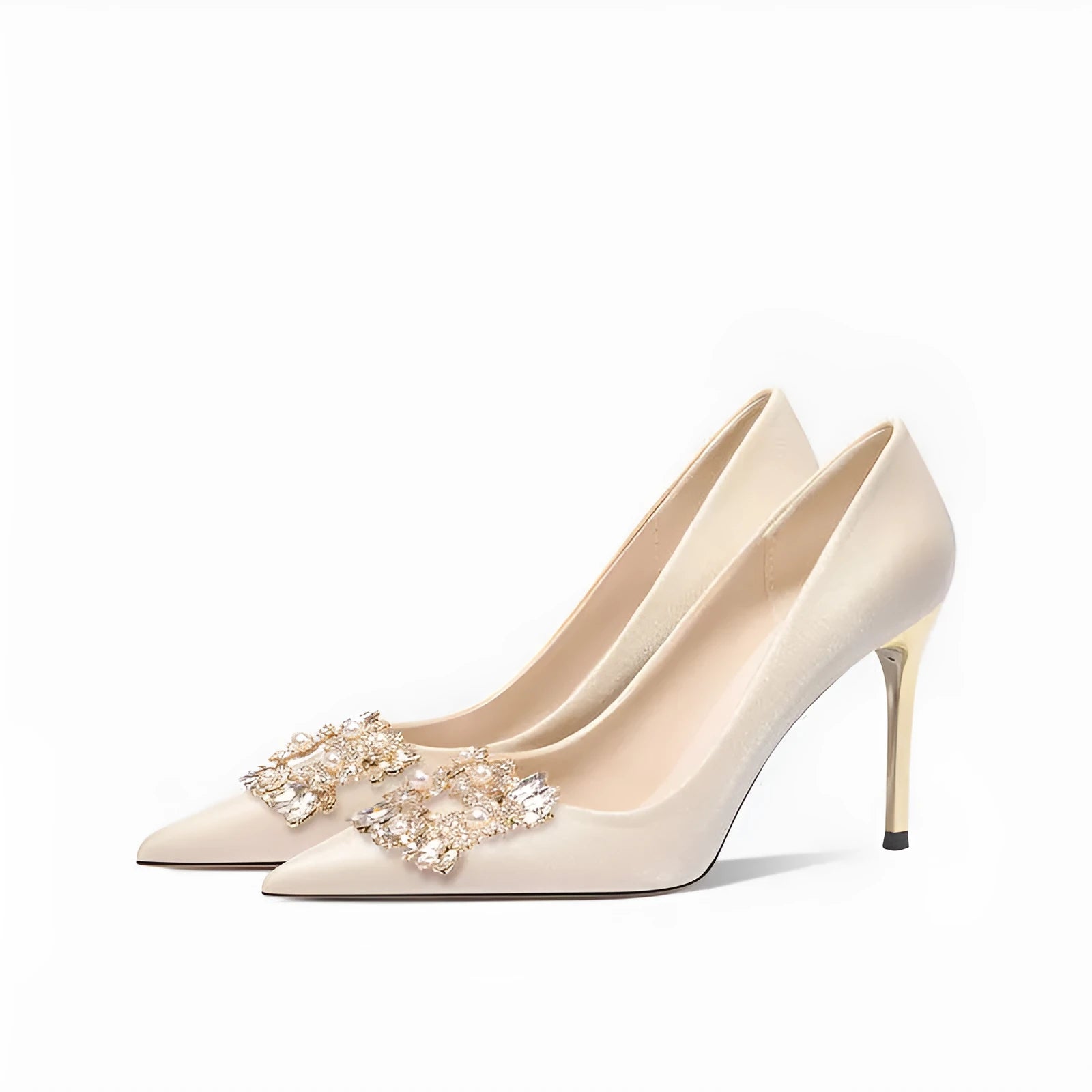 Women's pointed-toe high heel shoes with rhinestone decoration on cloth upper, showing stiletto and cat heel style options.