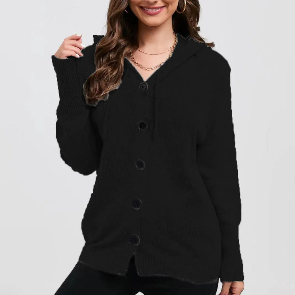 Women's solid colour loose-fit hooded cotton cardigan sweater on a hanger.