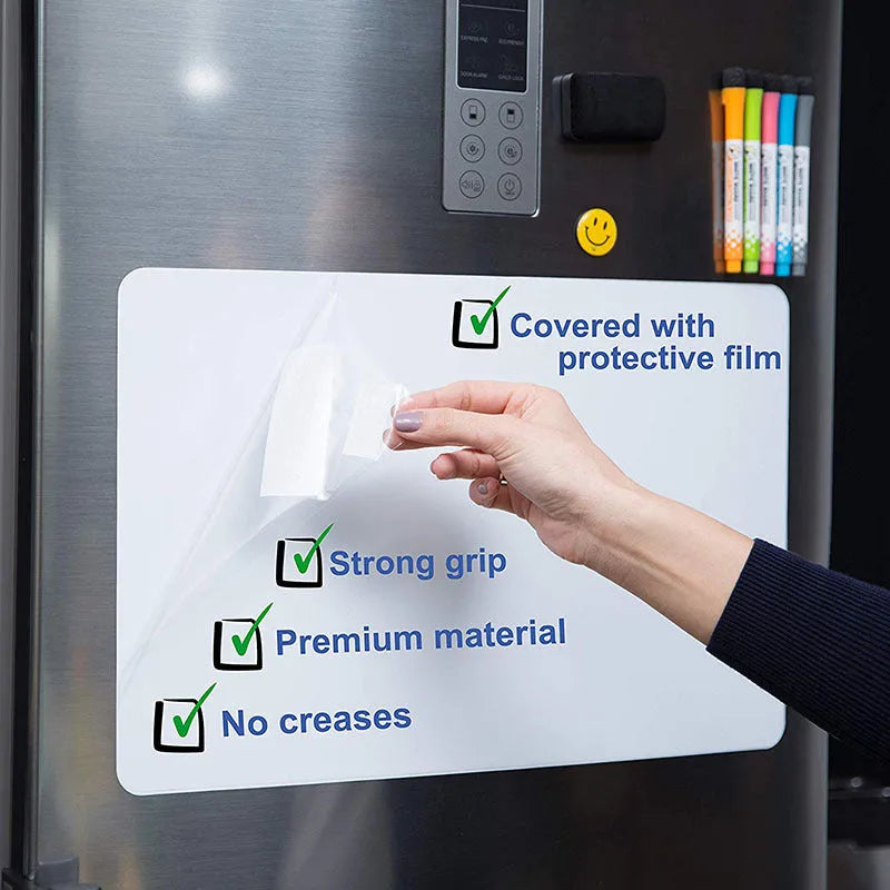 A3 rounded magnetic soft whiteboard with PET film surface on a fridge door showing handwritten notes