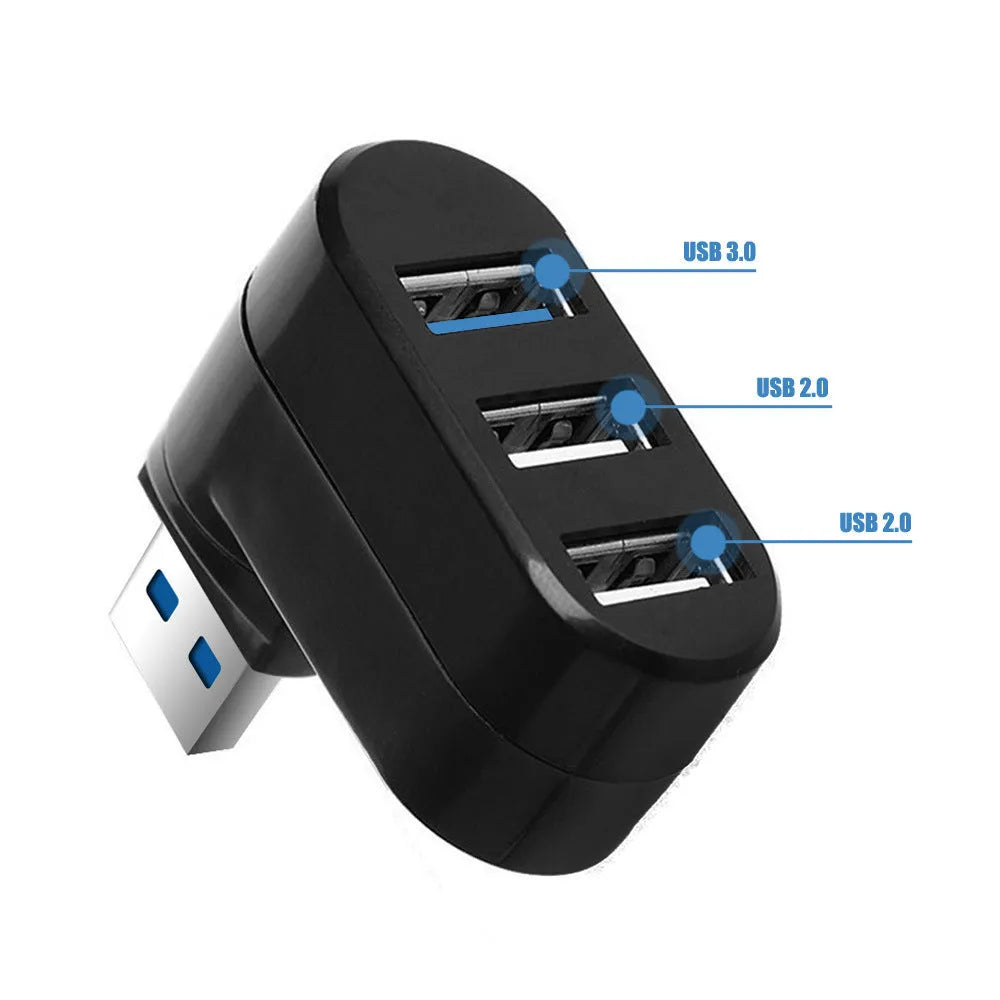 Black or white USB 3.0 hub with four ports on a rotary splitter design.