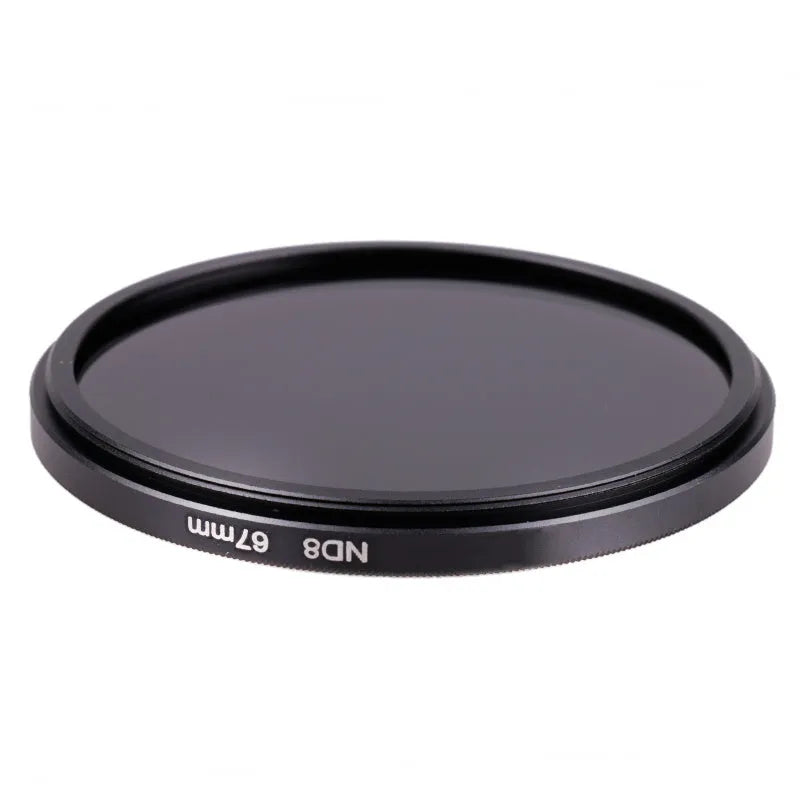 ND8 neutral density camera filter with aviation aluminium frame showing thread size options