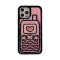 Pink TPU iPhone case with a towel-embroidered pattern, shown fitting an iPhone model.