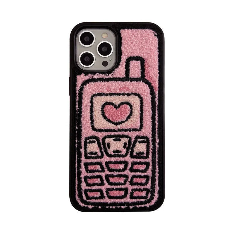 Pink TPU iPhone case with a towel-embroidered pattern, shown fitting an iPhone model.