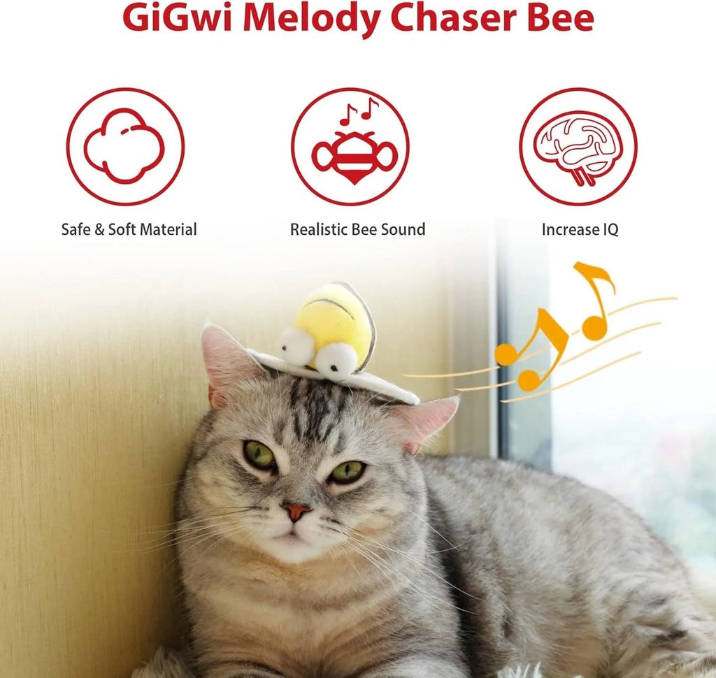 Yellow bee-shaped electronic cat toy with motion-activated squeaking sounds for interactive indoor play