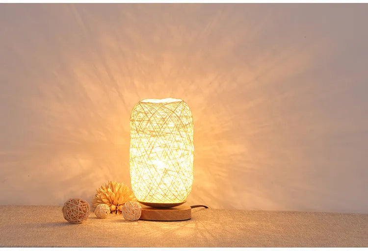 Sepak takraw twine desk lamp with hemp rope shade on solid wood base