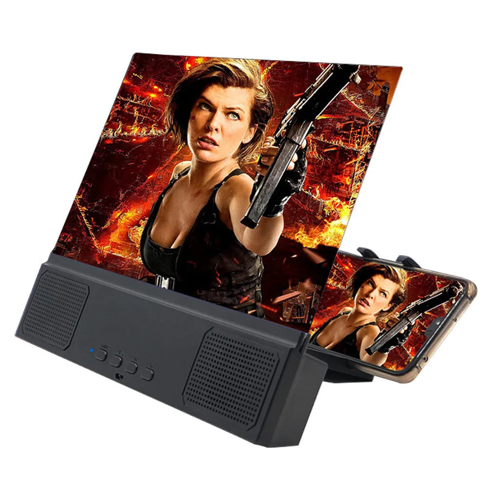 12-inch mobile phone screen amplifier with Bluetooth speaker and 18650 battery on a table.