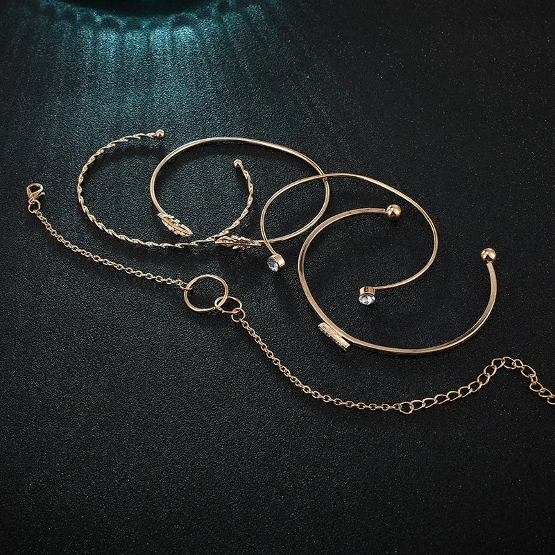 5 piece leaf circle geometric bangle set in gold and silver for women